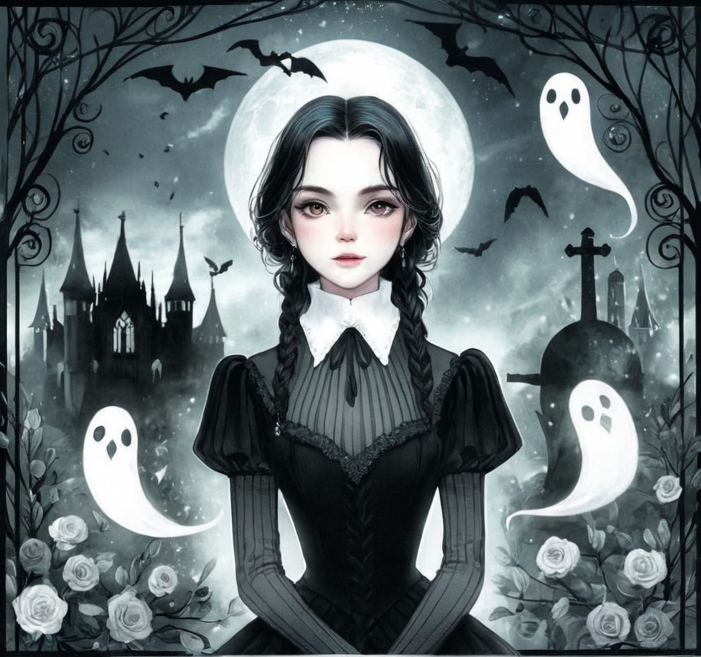 digitalart, gothic, witch, addamsfamily, fairytale, gloomy, gothfashion, gothgirls, gothicpunk, halloween, horrorart, macabre, monsters, occult, pumpkin, spooky, trickortreat, wednesday, wednesdayaddams, witchcraft, yokai, witchart, aigirls, aiart, witchaesthetic, aiartcommuity, ai美女, ai美少女