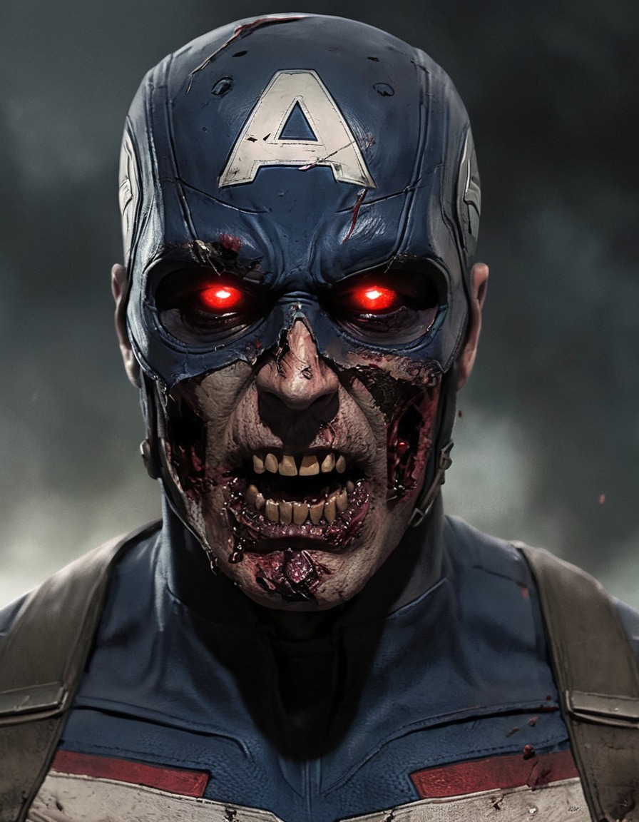 captain america, zombie, superhero, glowing eyes, fictional character