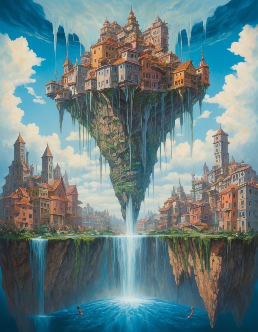 floating city, sky, upside-down waterfalls, fantasy, imagination, surreal