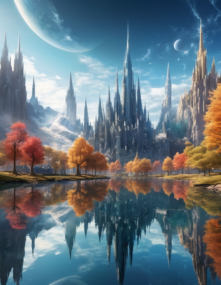 mirrored lake, crystal spires, fantasy, reflecting, cityscape, beautiful scenery