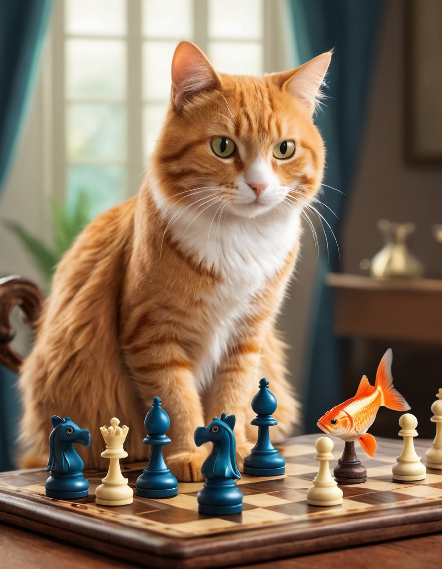 cat, fish, chess, strange, animals, unusual, playful