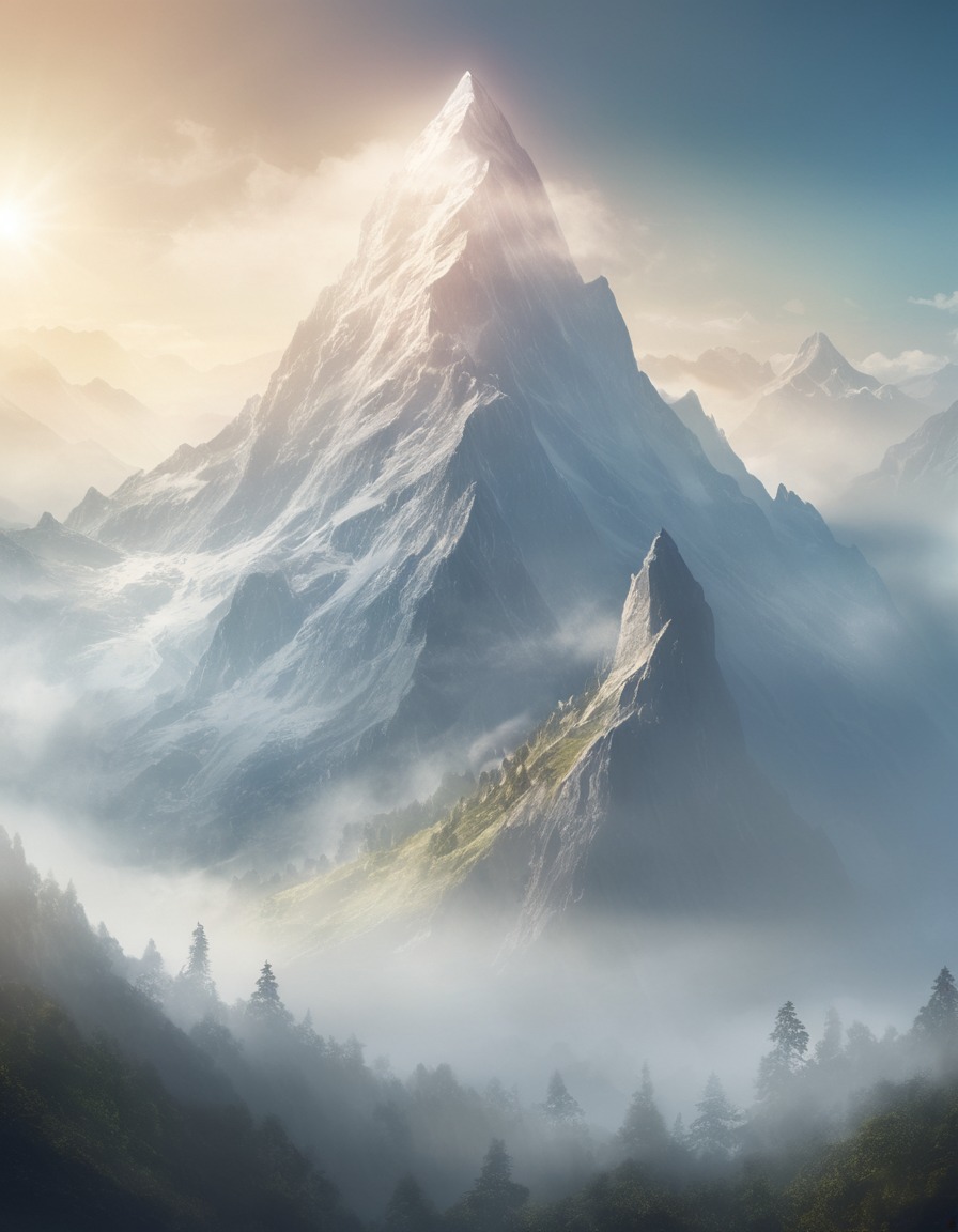 mountain, peak, mist, sunlight, magical atmosphere