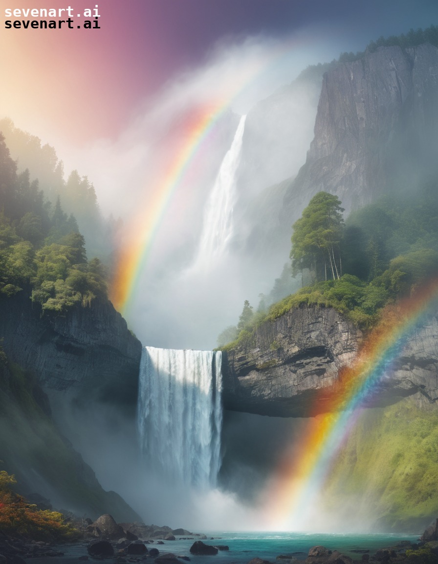 nature, mystical, rainbow, waterfall, serene