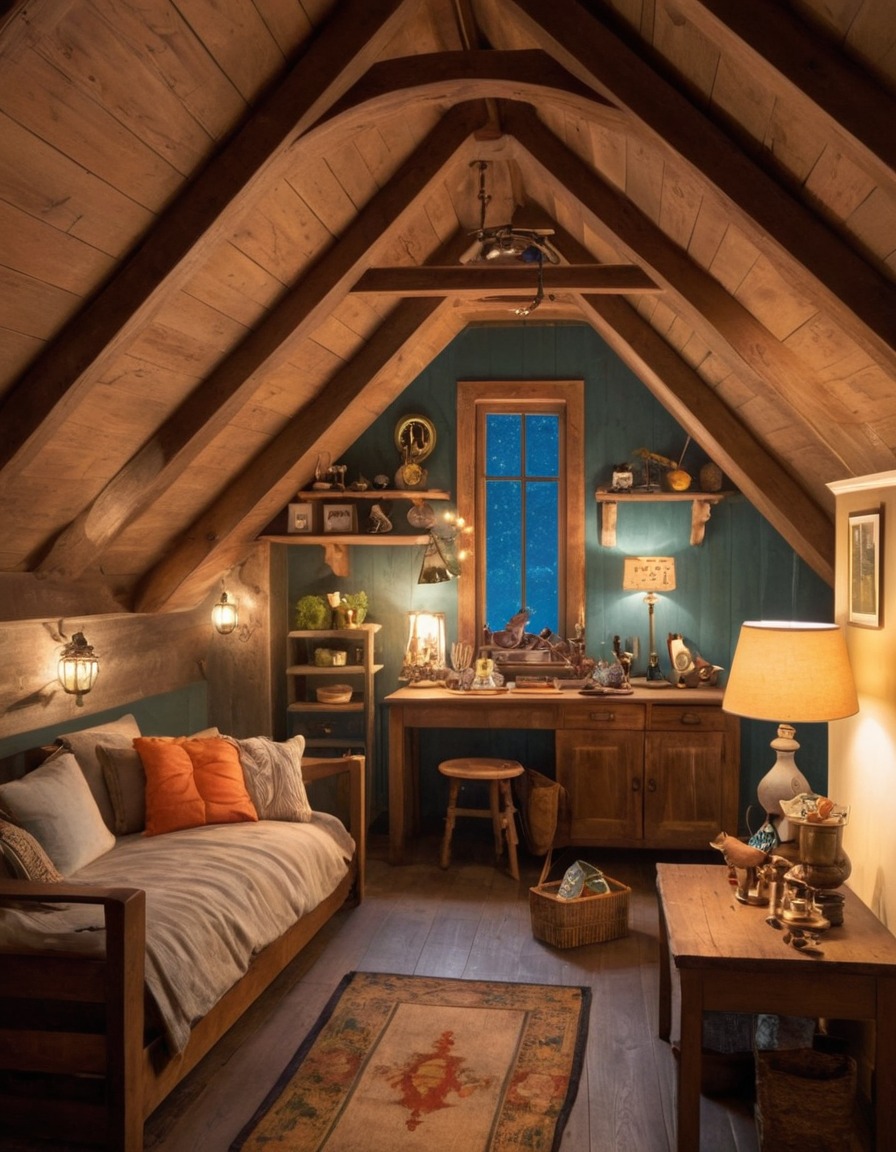 attic, retreat, vintage, trinkets, cozy, slanted ceiling, home, interior