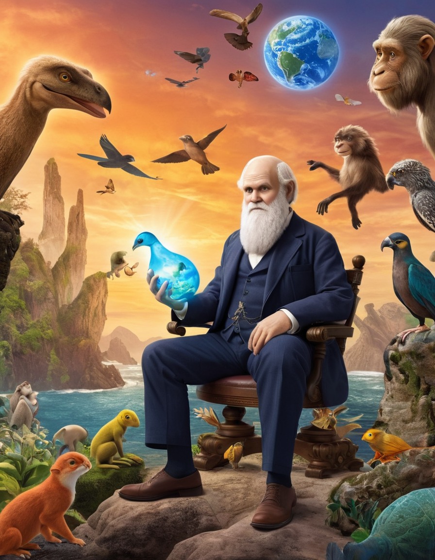 charles darwin, evolution, cartoon, whimsical, caricature, funny