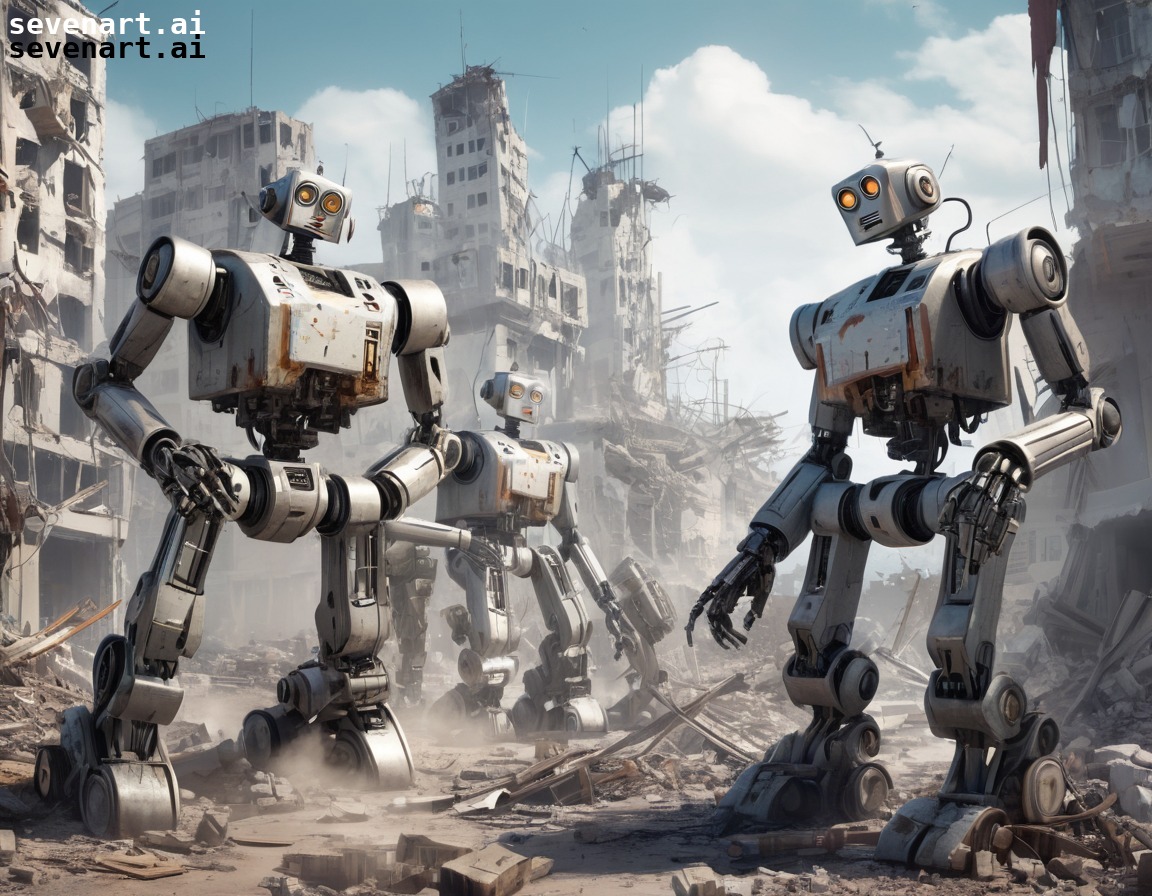 robots, rebuilding, city, war-torn, assistance