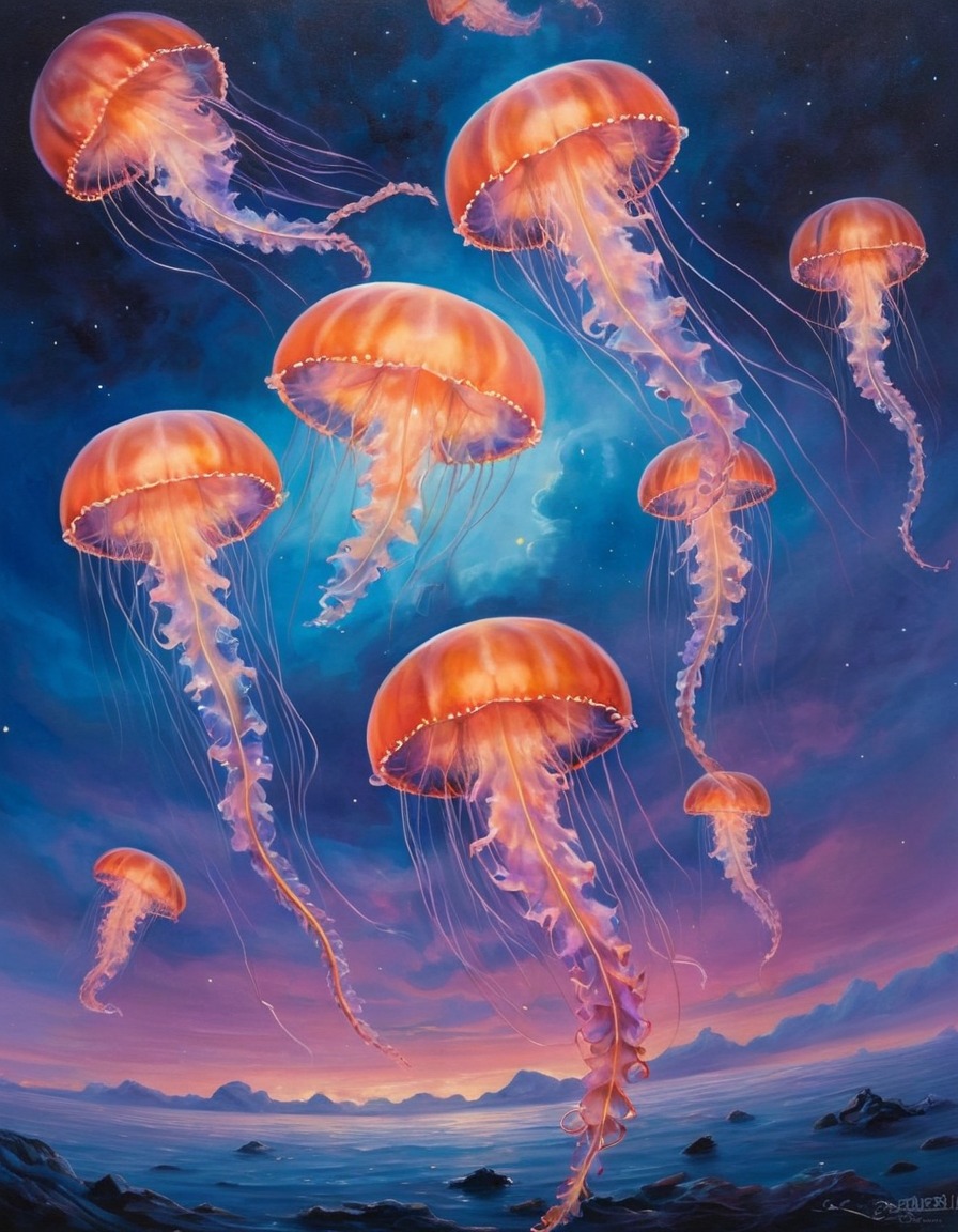 fantasy, sky, jellyfish, stars, luminescent, surreal