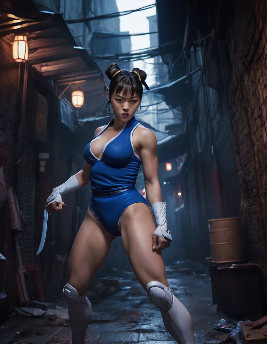 chun-li, street fighter, martial arts, urban, dimly lit, alleyway, games, dark