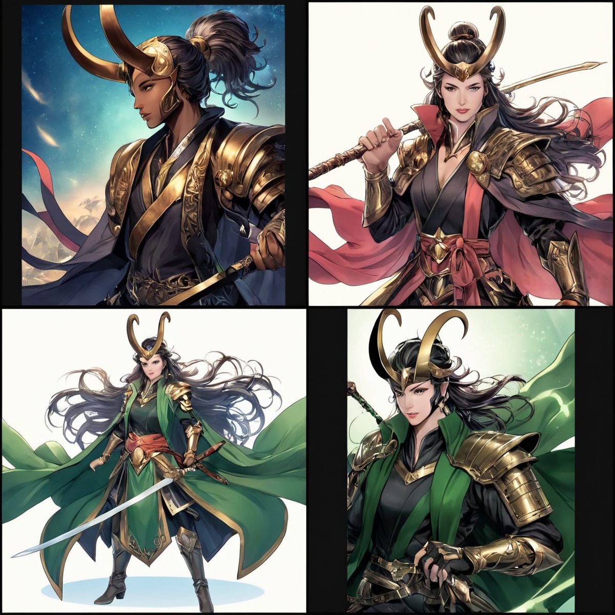 loki, animestyle, collage, marvelfanart, samurai, bing_image_creator