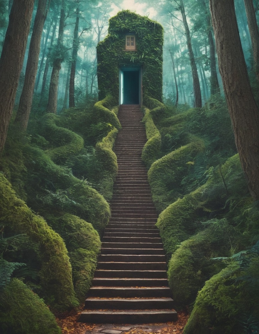 forests, staircase, door, mystery, surreal