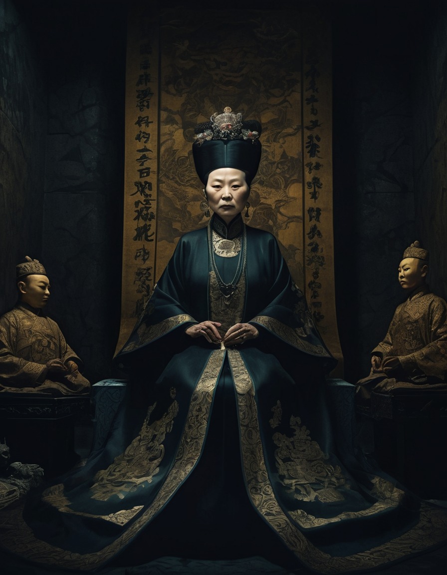 empress dowager cixi, historical figure, chinese history, underground chamber, shadowy figures, illustration, dark aesthetic 