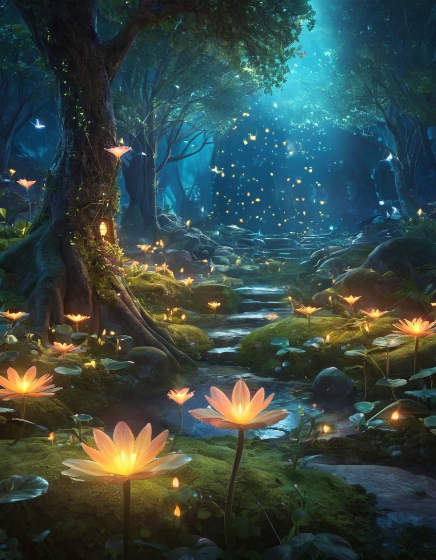 mystical garden, singing fairies, glowing fireflies, fantasy scene