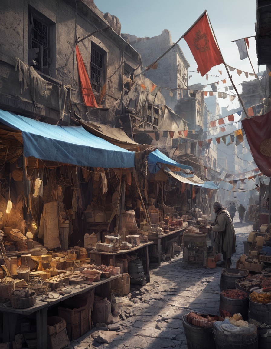 merchant, trading, goods, marketplace, tattered flags, fallout, games, tv shows