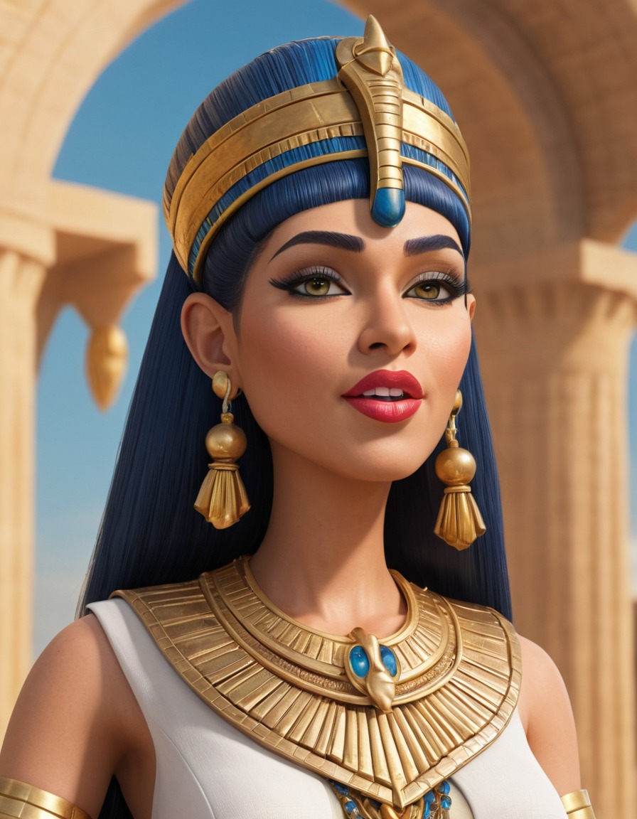 caricature, cleopatra, modern, exaggerated features, accessories, funny