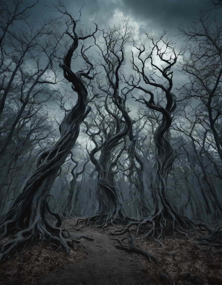 haunted forest, twisted trees, gnarled trees, spooky, eerie, halloween, gothic, underground, dark