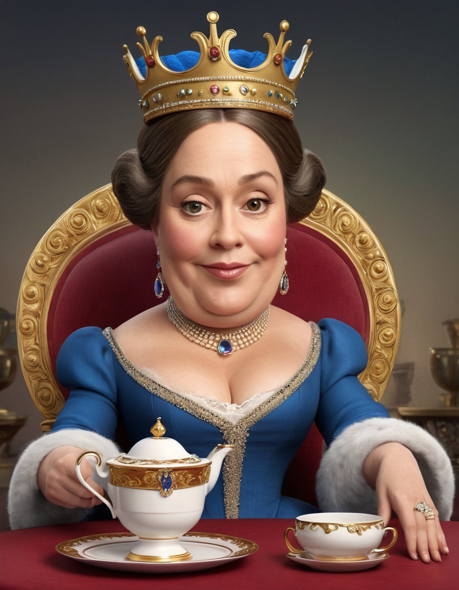 queen victoria, caricature, oversized crown, giant tea cup, humor, funny