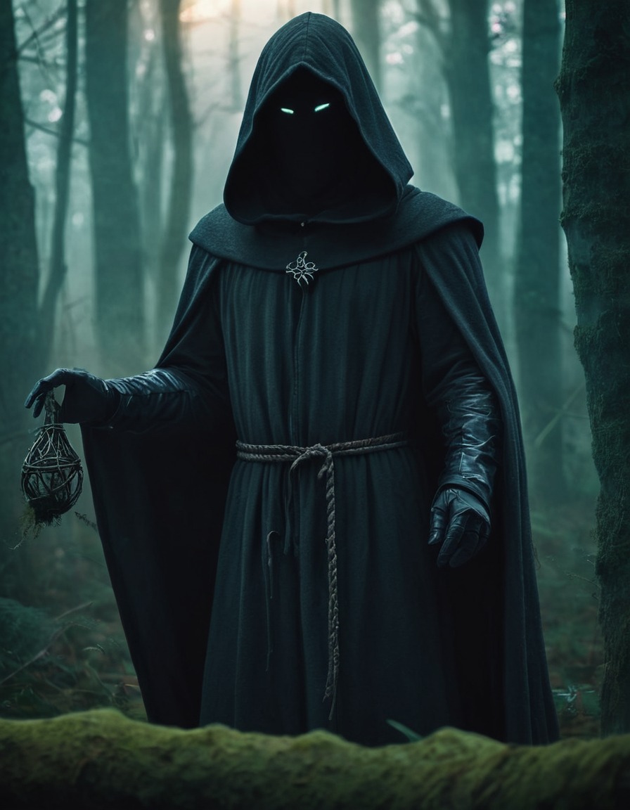 forest, hooded figure, magic, medieval, spells, middle ages