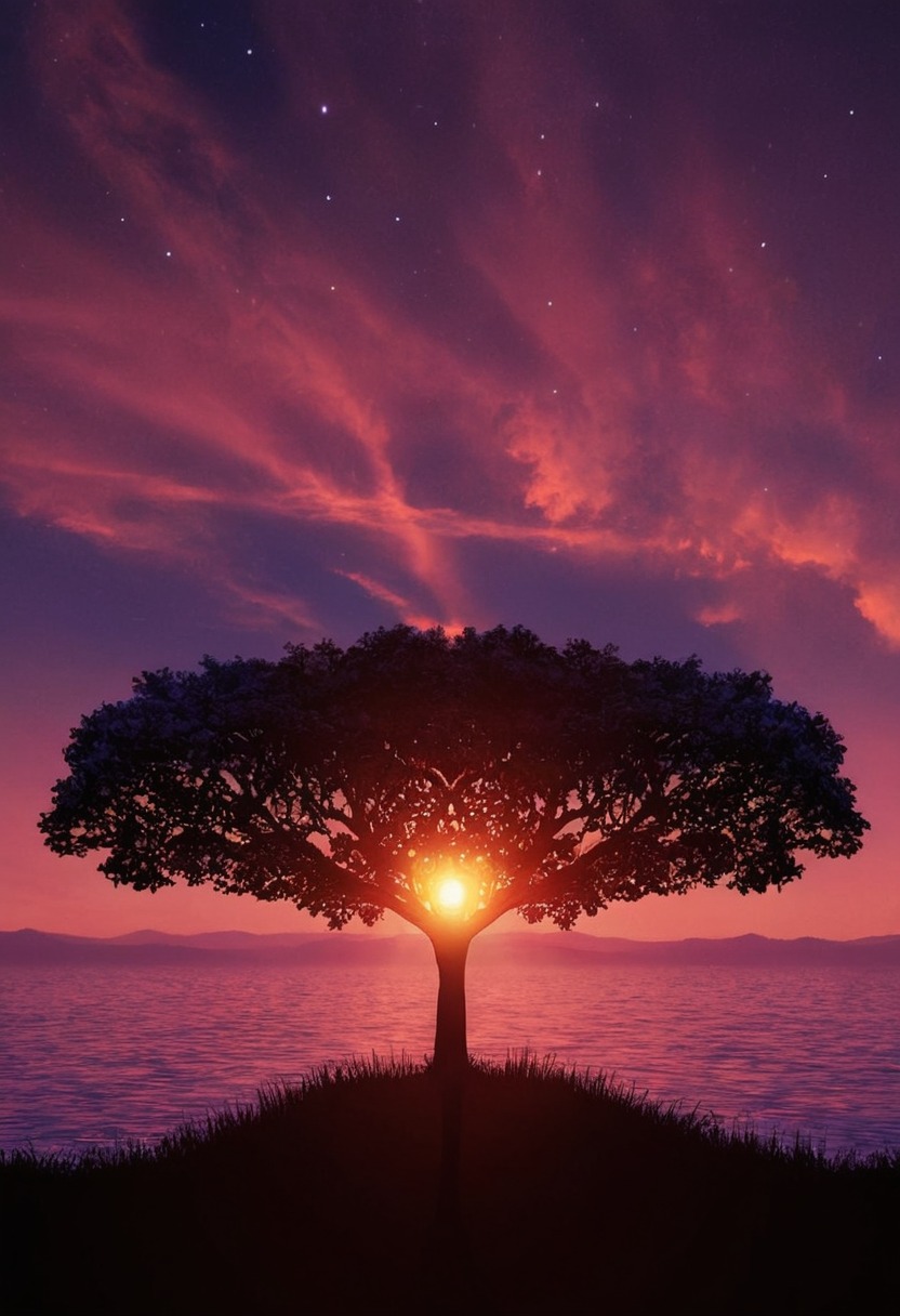 trees, sunsets, purple orange