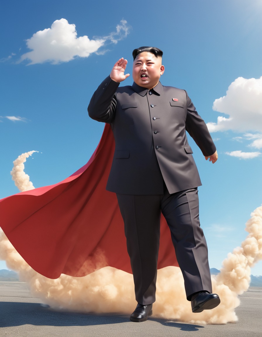 kim jong un, anime character, transformation, dramatic, cape, politics, anime