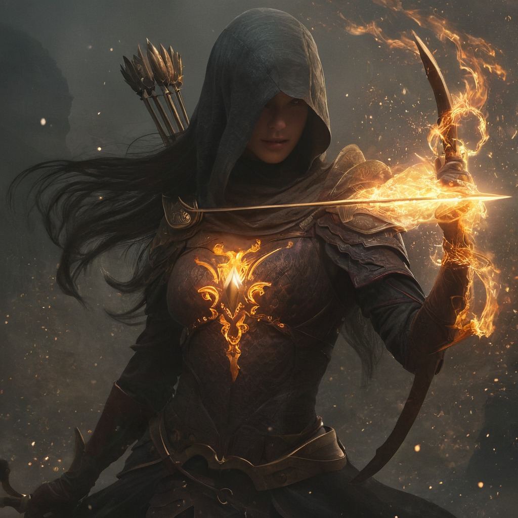 digitalart, characterdesign, warrior, magic, epic, fantasyart, arrow, black, bow, light, shoot