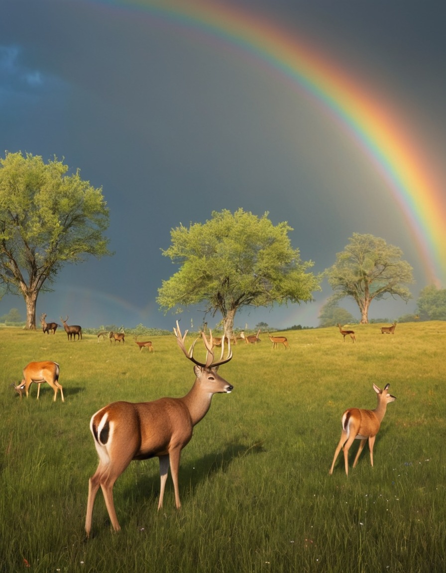 nature, wildlife, deer, meadow, rainbow, peaceful