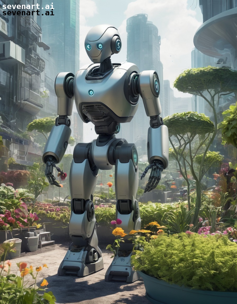 robot, caretaker, garden, high-tech city, futuristic, robots