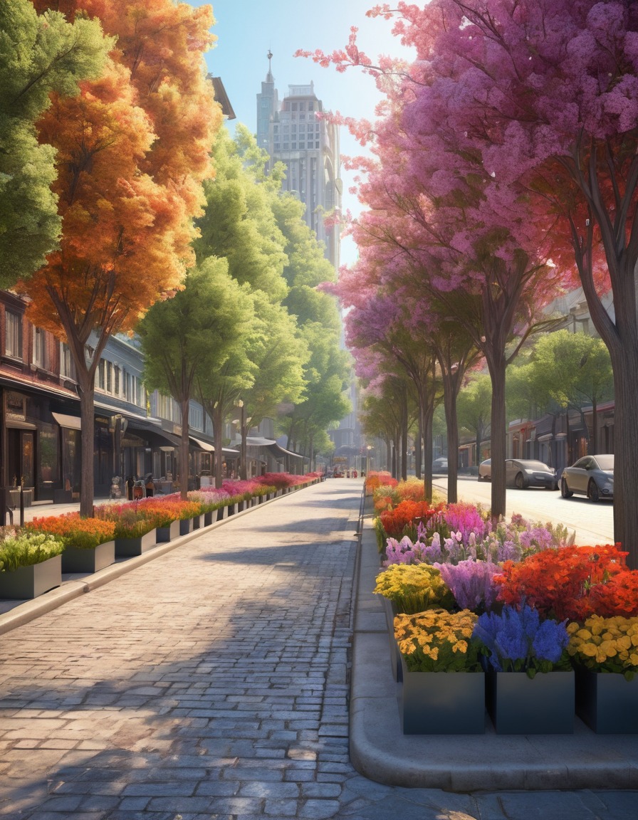 cityscape, urban beauty, flowers, trees, nature integration, nature, city