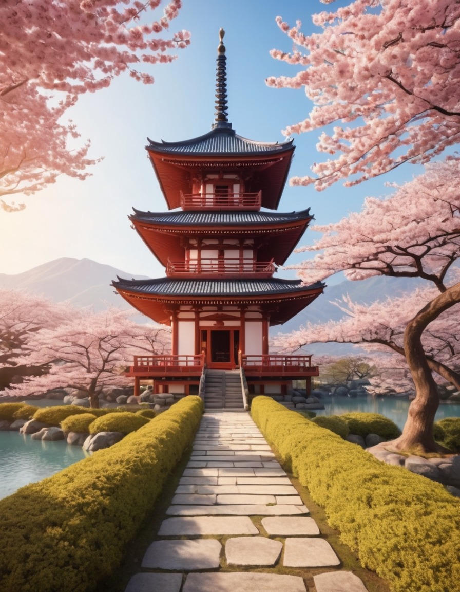 japanese pagoda, cherry blossoms, japan, architecture, nature, spring