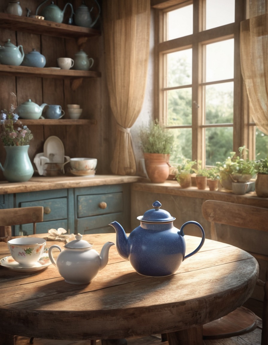 kitchen, vintage, teapot, rustic, wooden table, home, interior