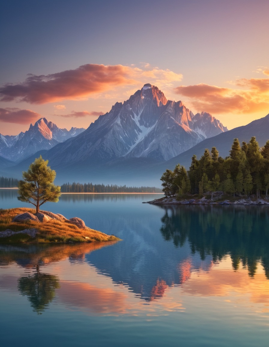 nature, landscape, lake, sunset, reflection, mountain range