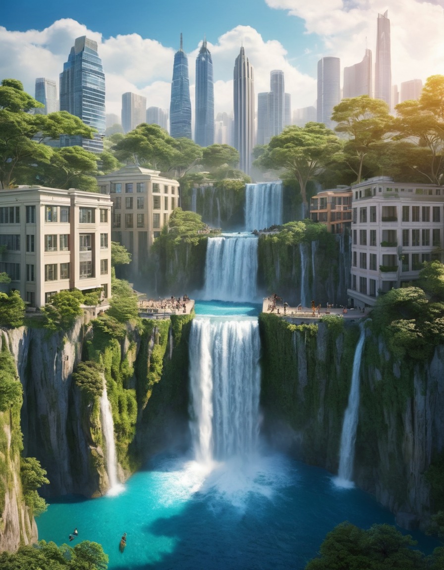 waterfall, city center, modern buildings, nature, urban landscape, city