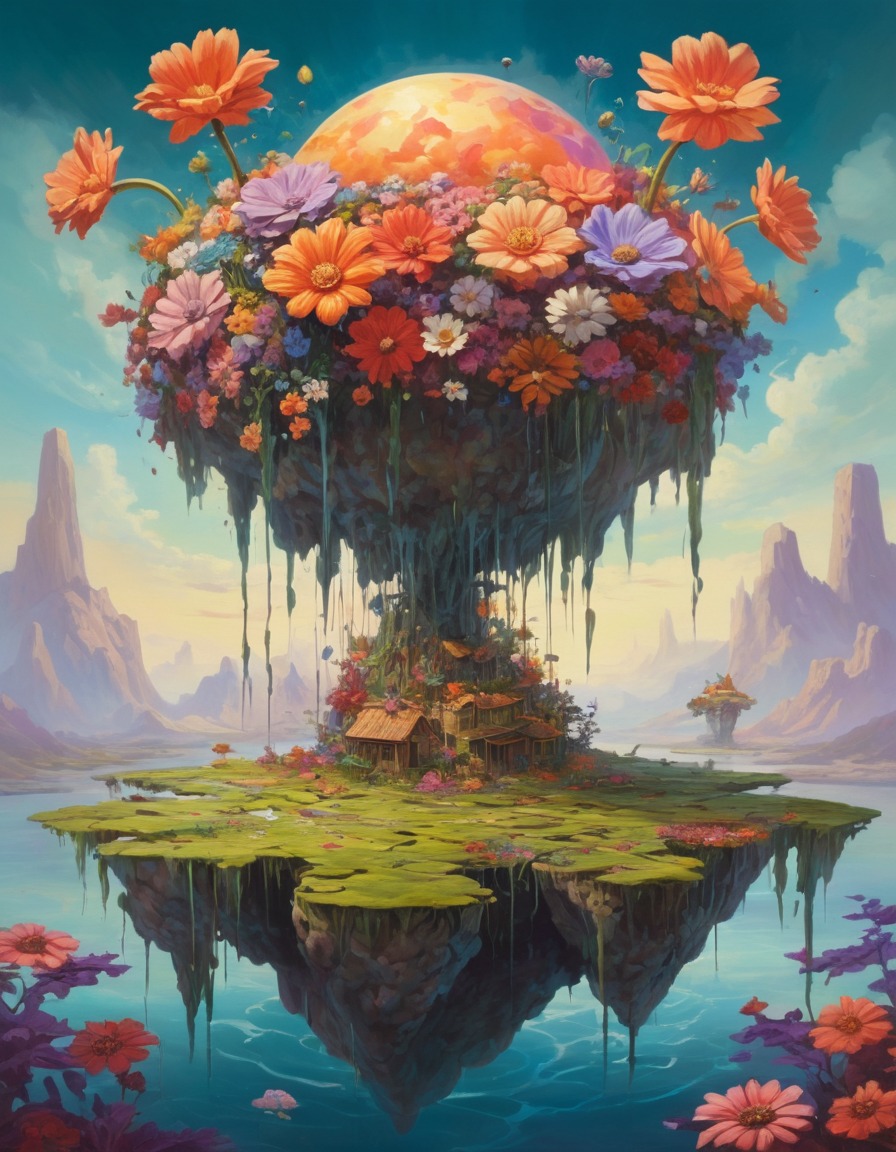 floating island, oversized flowers, fantasy, magical landscape, surreal