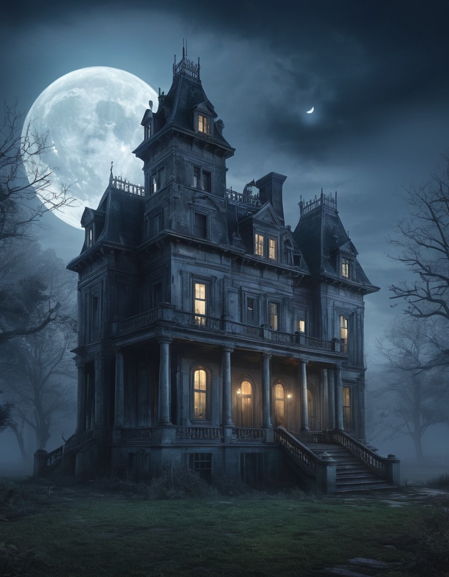 haunted house, spooky, creepy, mansion, abandoned, misty night, lovecraft, howard lovecraft