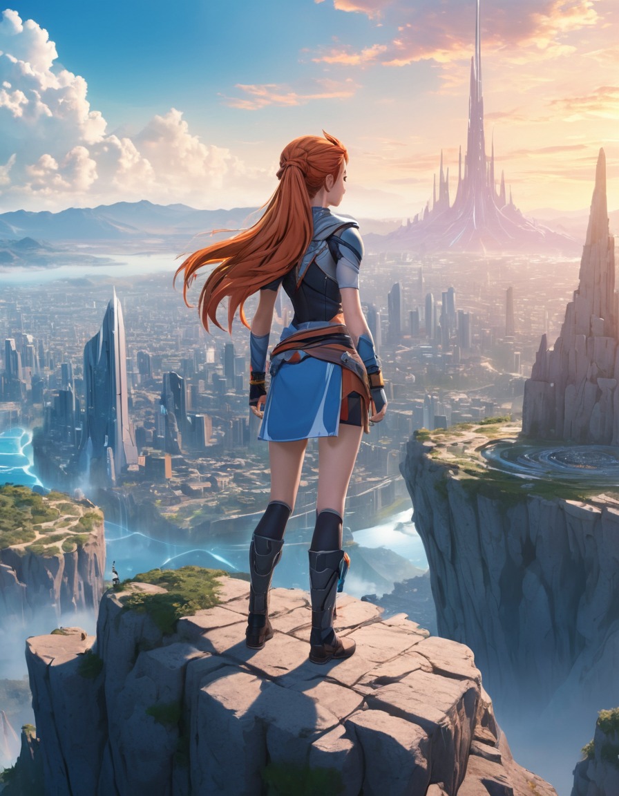 futuristic city, aloy, cliff, horizon, landscape, anime, games