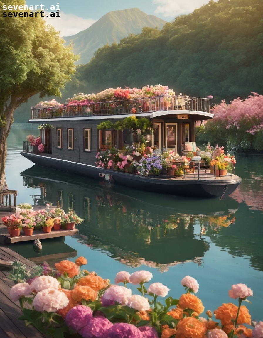 houseboat, tranquil, river, cozy, flowers, house, home