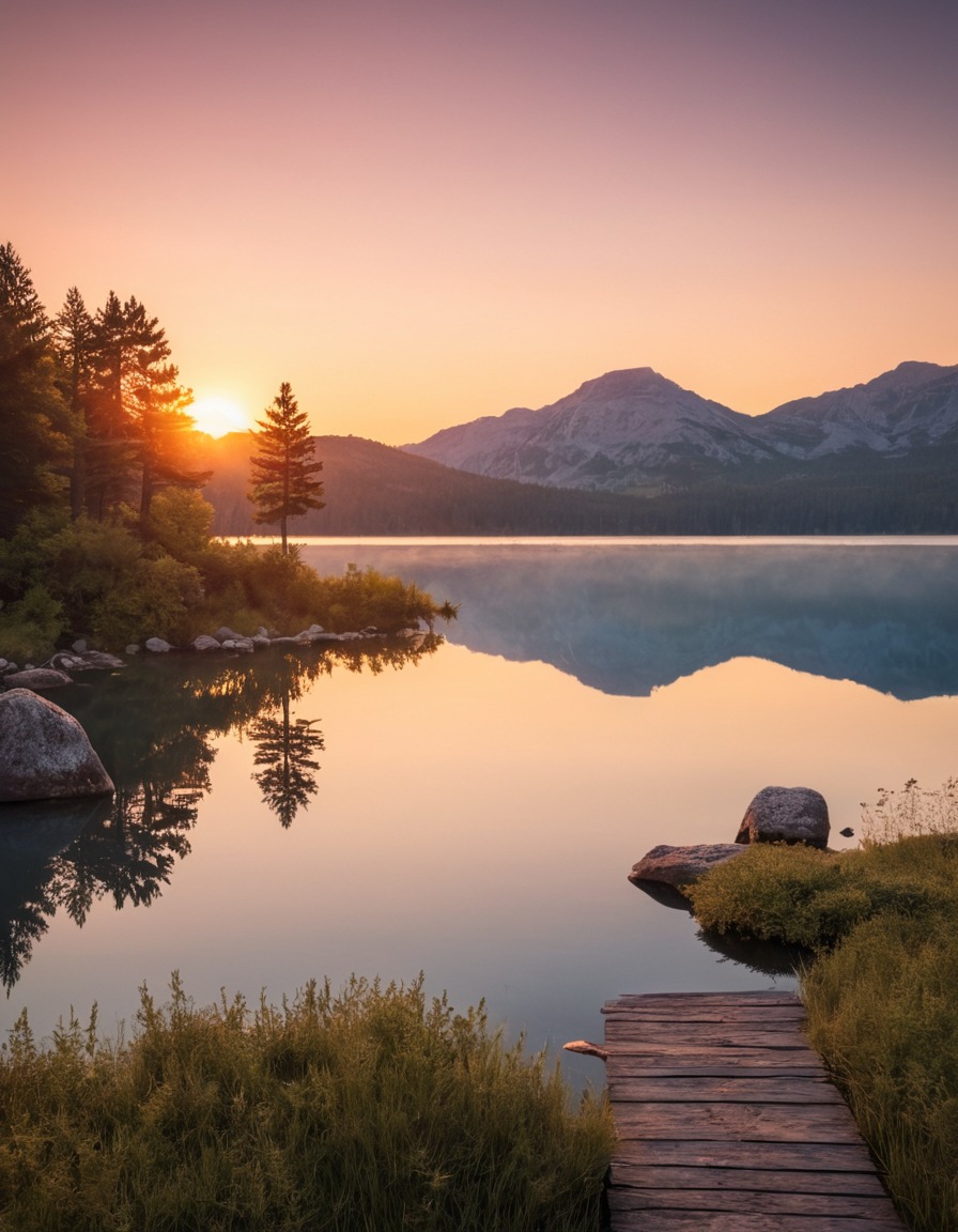 sunset, reflection, calm lake, nature