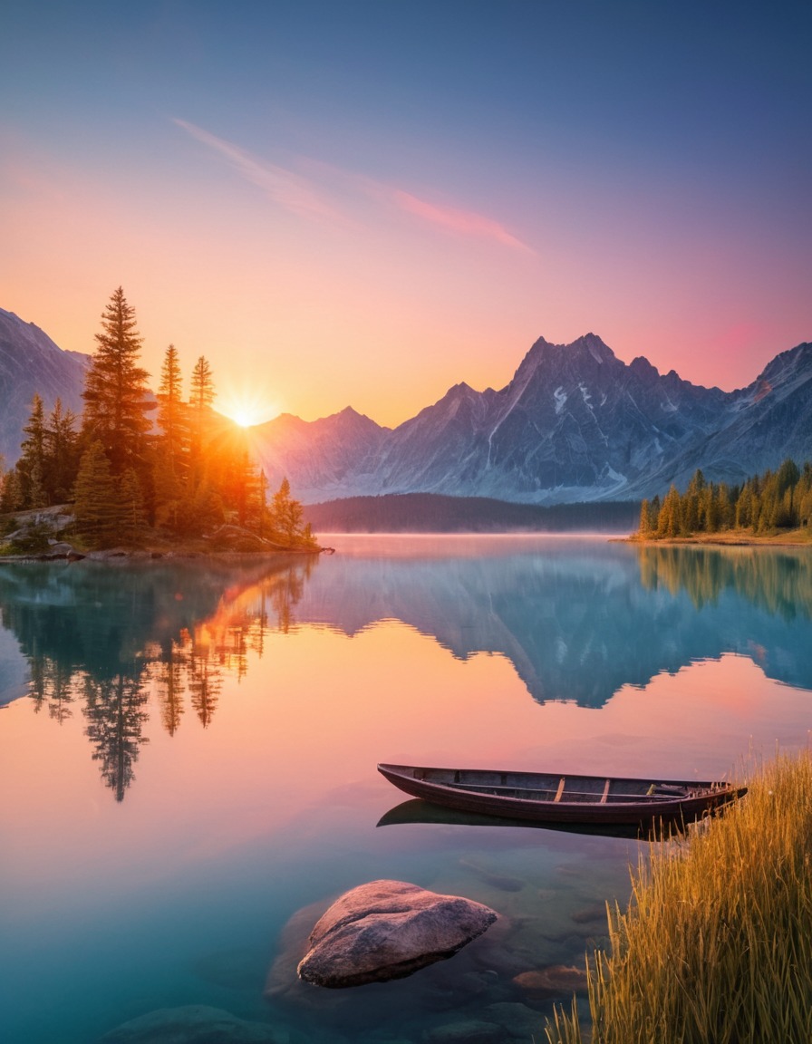 sunrise, mountain, lake, nature, tranquility