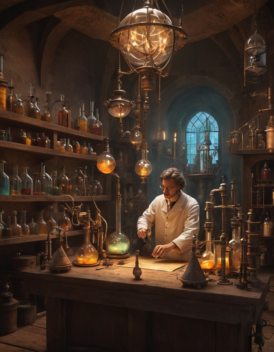 scientist, alchemy, medieval, laboratory, experimentation, art