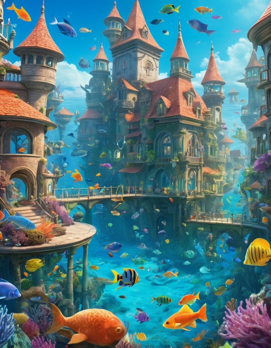 underwater, city, mermaids, fish, aquatic life, fantastic