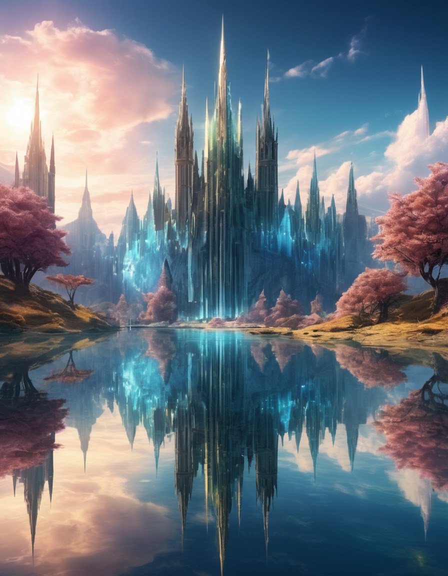 mirrored lake, city, crystal spires, reflection, fantasy, scenic view, serene