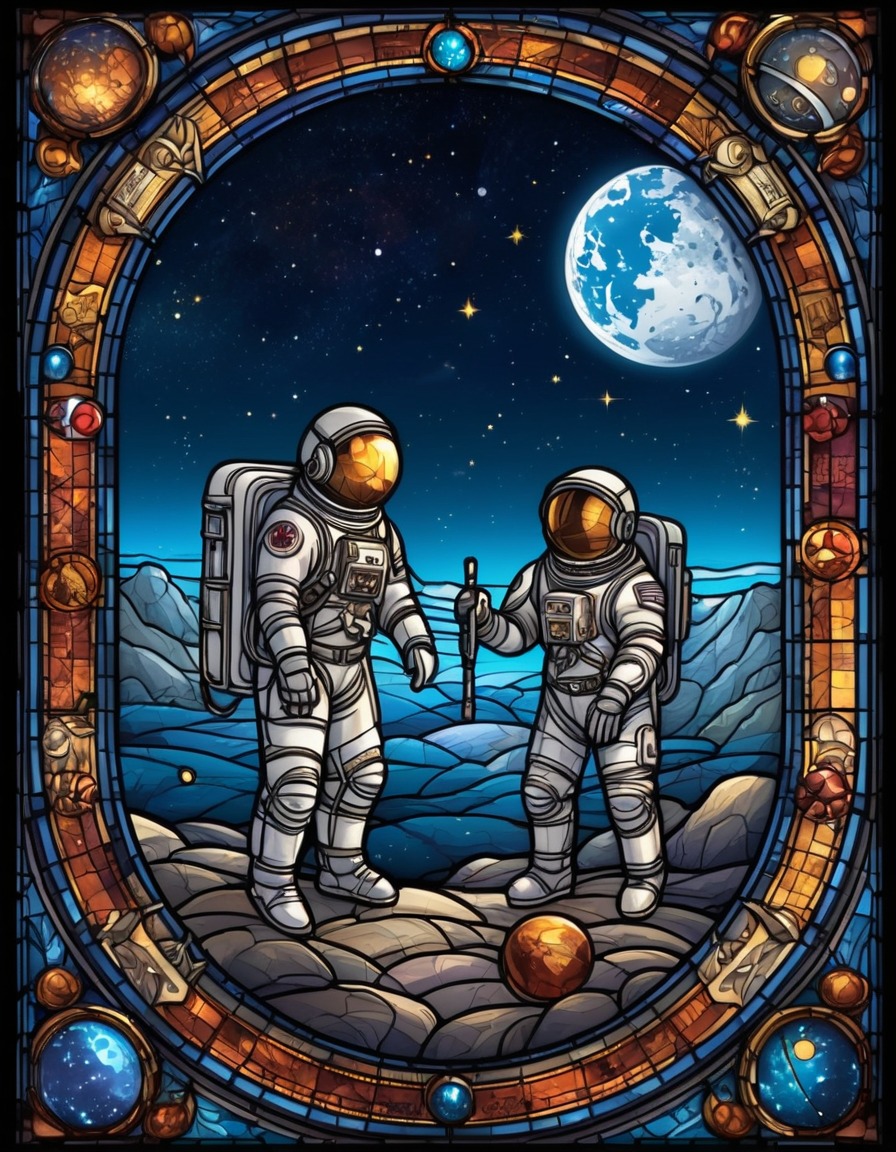 stained glass, astronauts, cosmos, medieval-style, symbolism, medieval, art