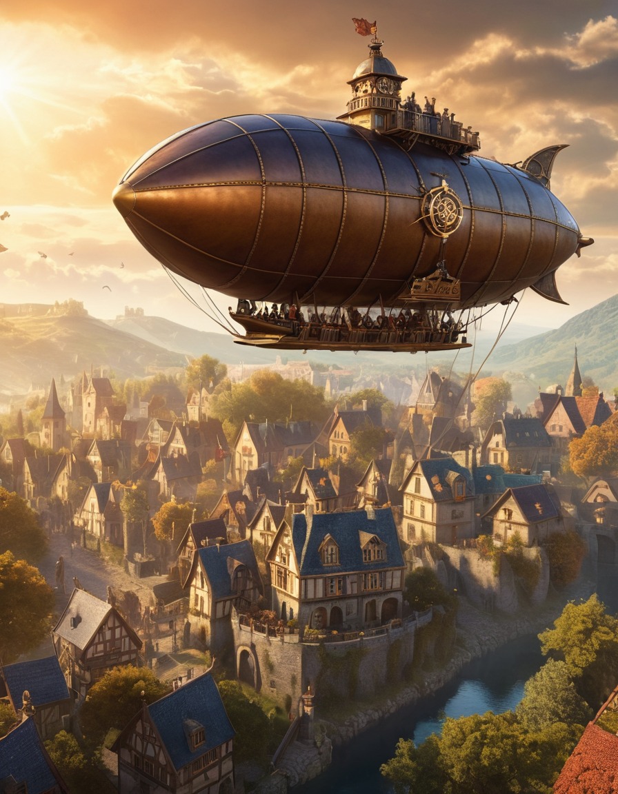 steampunk, airship, medieval village, fantasy, medieval, art