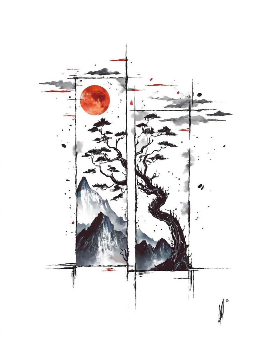 artwork, blackandred, creative, detailed, greekart, handdrawn, illustration, japan, japaneseart, micronpen, mountains, painting, seion, sumie, sumiink, sun, traditionalart, tree, pigmamicron, artoftheday, greekartist, art, sumieart, thessalonikiart