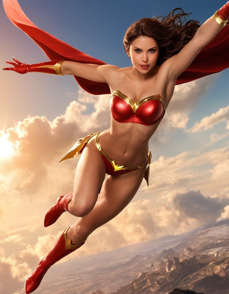 superhero, woman, flying, heroic, battle, superheroine, nsfw, sexy