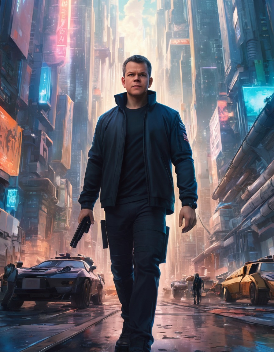 matt damon, anime, futuristic cityscape, exploration