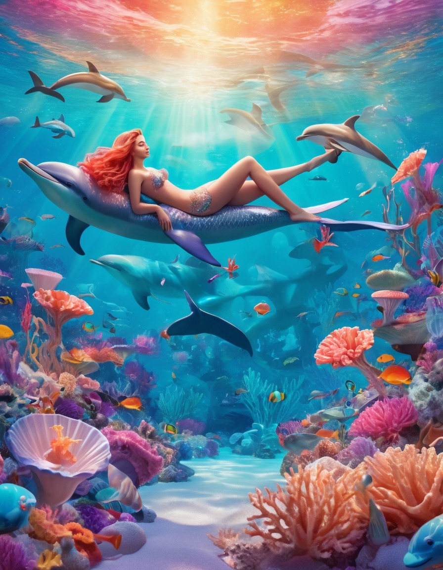 mermaid, ocean, seashells, dolphins, coral reefs, fantastic