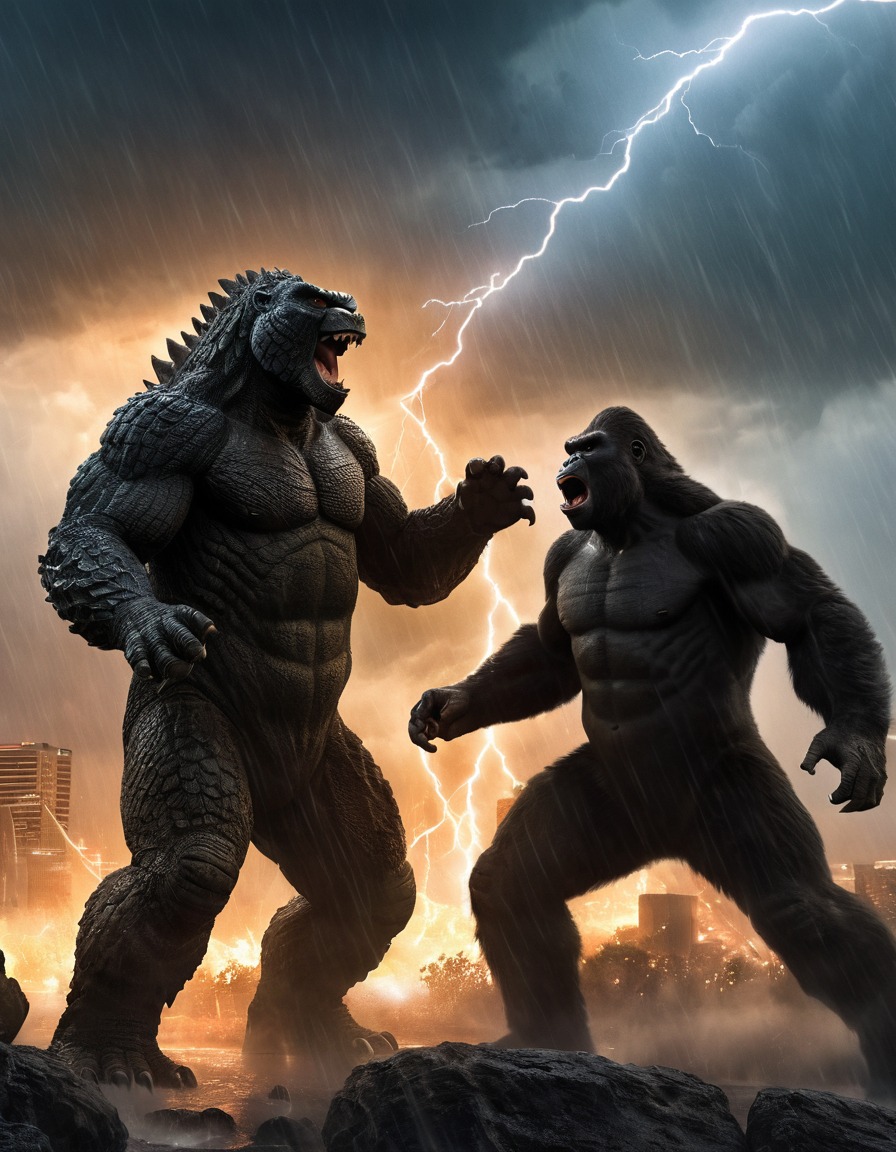 godzilla, king kong, clash, thunderstorm, lightning, battle, epic fight, kong