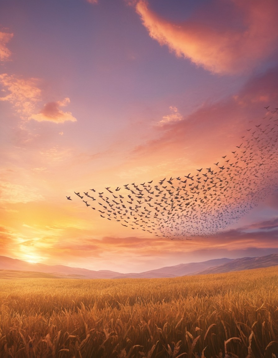 birds, flock, v formation, sunset, sky