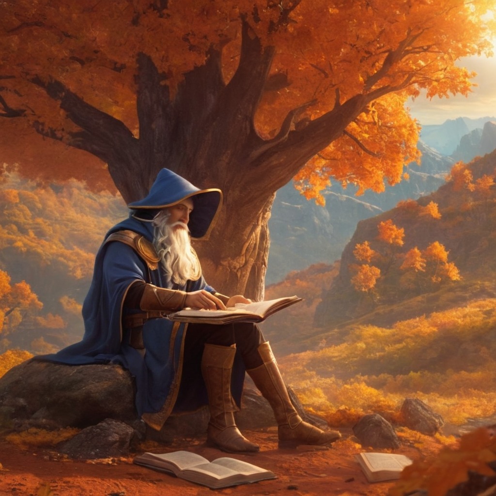 magic, fantasyart, dreamup, autumn, bookworm, fall, wizard, ai_art