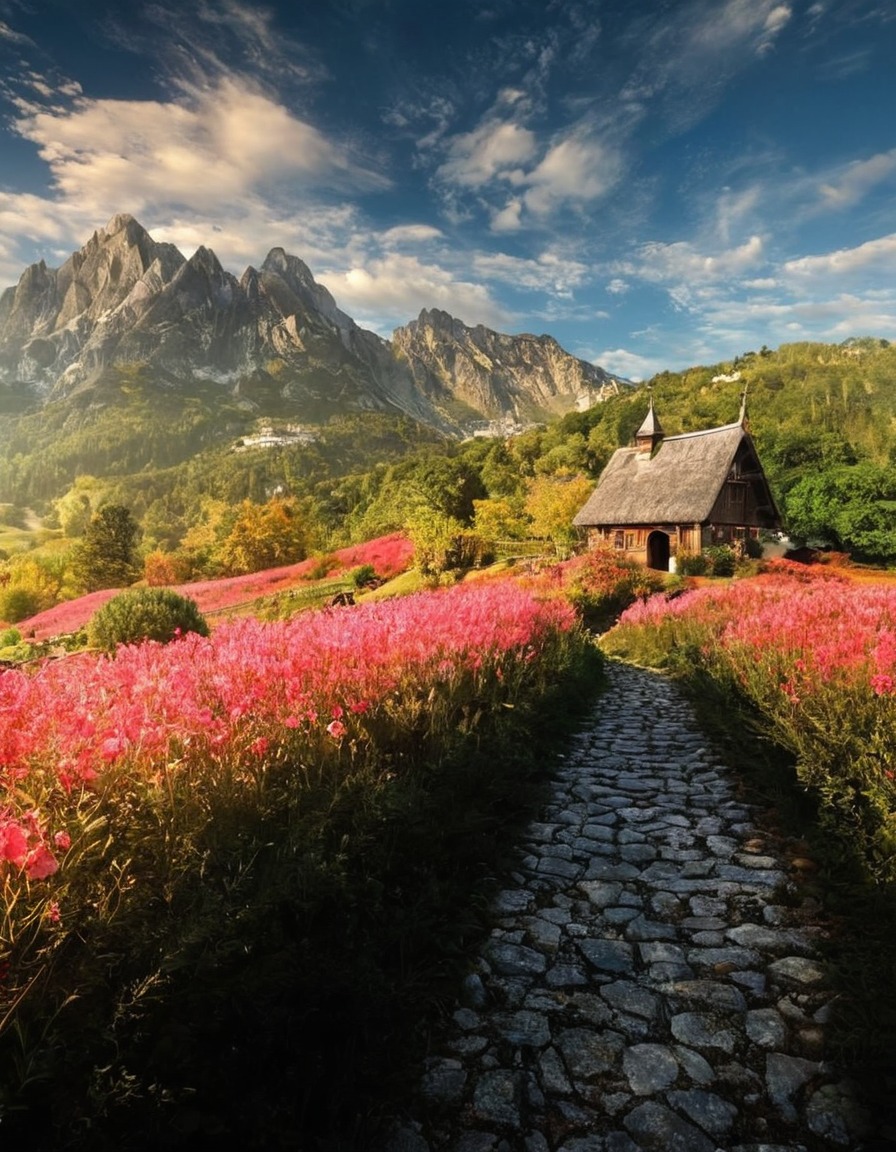 poland, landscape, mountain, cottage, pink flowers, wild flowers, path, nature, flowers, beautiful, petitworld favs